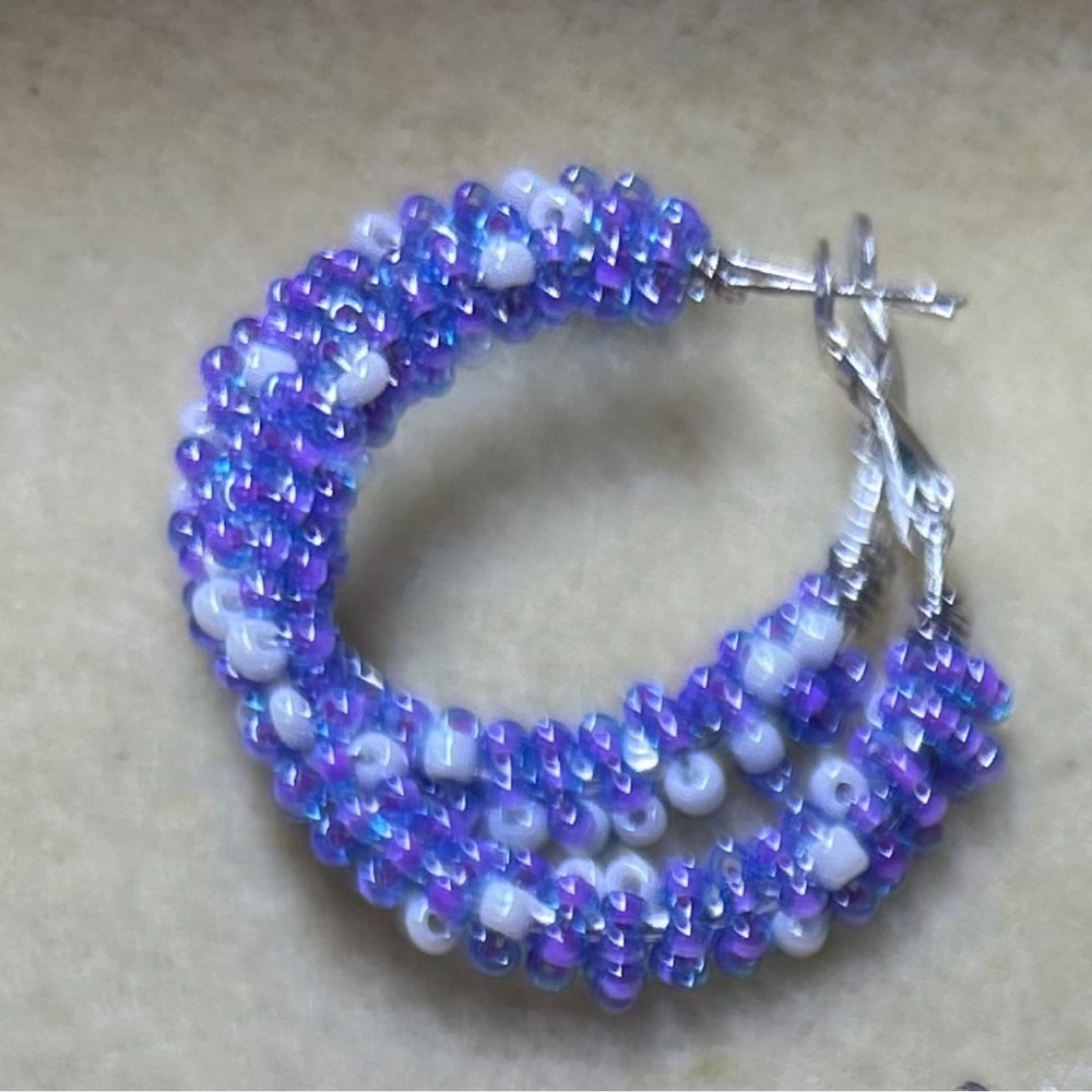 Handmade purple and white hoop earrings